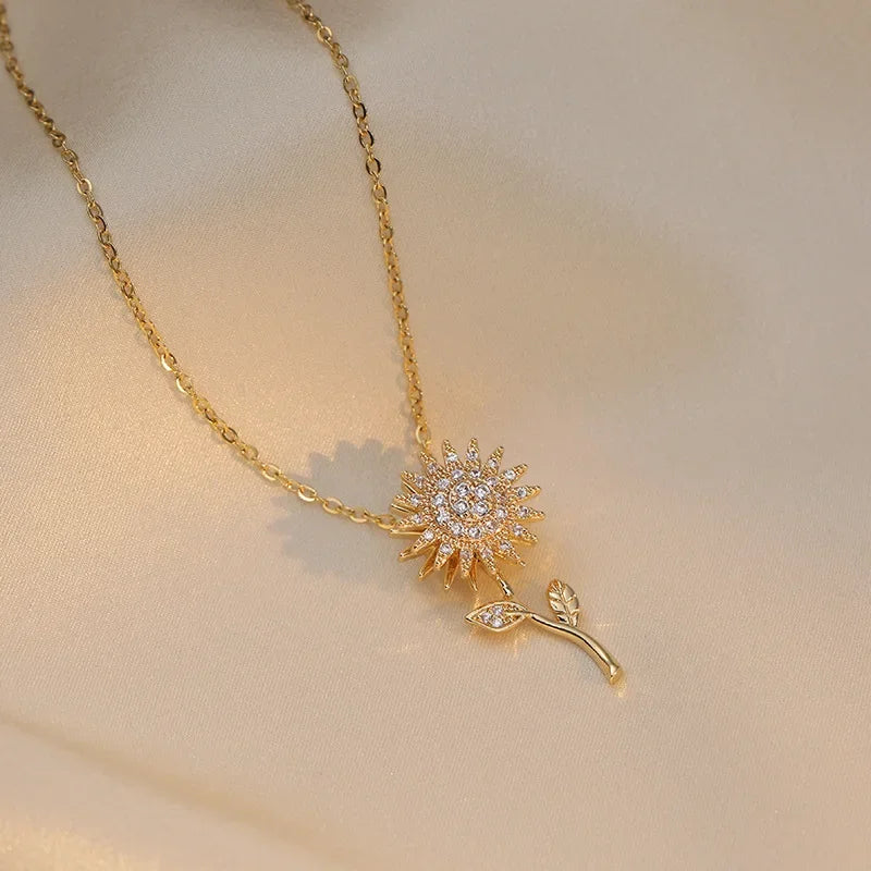 Rotating Sunflower Zirconia Pendant Necklace