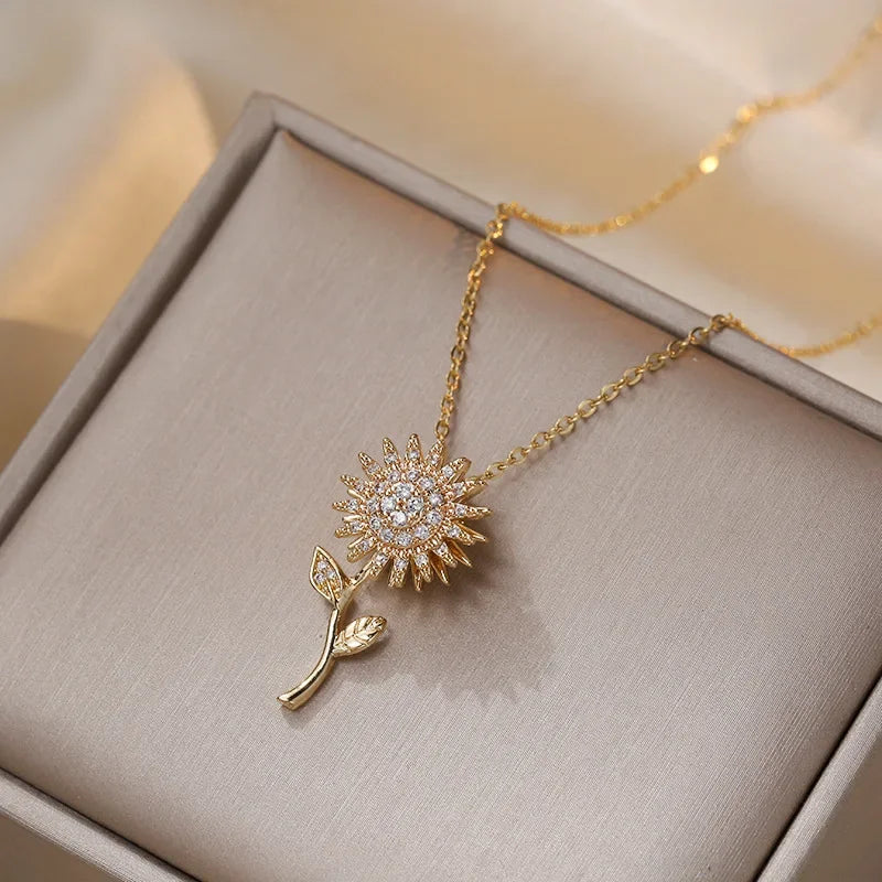 Rotating Sunflower Zirconia Pendant Necklace