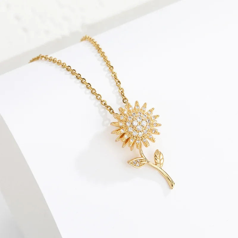 Rotating Sunflower Zirconia Pendant Necklace