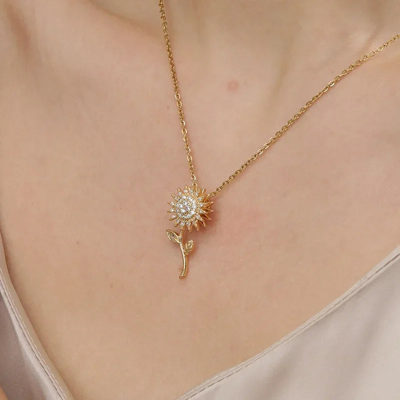 Rotating Sunflower Zirconia Pendant Necklace