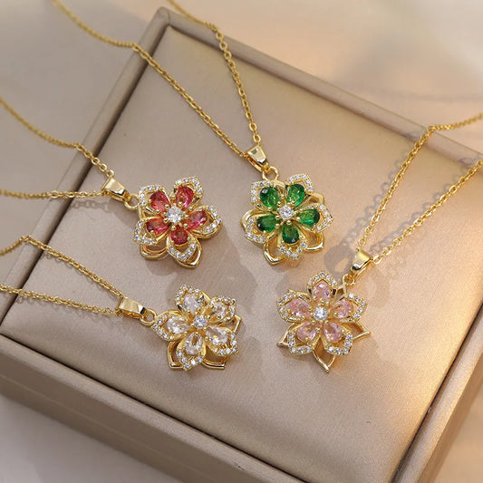 Rotatable Flower Zirconia Pendant Necklace